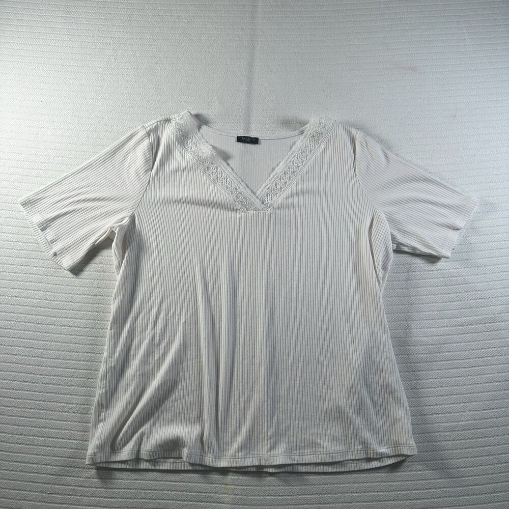 Talbots Women’s Plus Size 1X White Ribbed Lace Trim V-Neck Short Sleeve Top